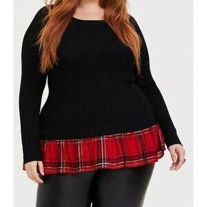Torrid Women's Sz 2 (18/20)‎ Black Ribbed Knit Twofer Red Plaid Ruffle Trim Top